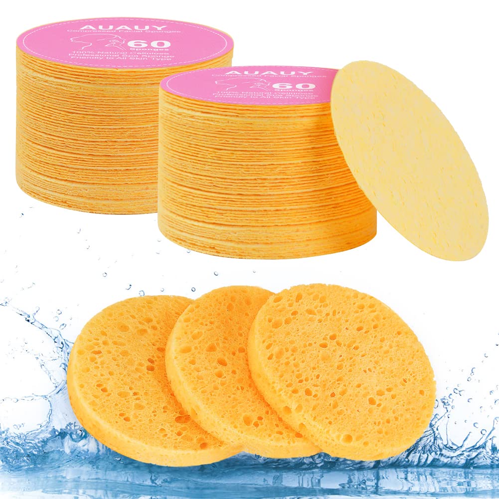 AUAUY Compressed Facial Sponges, 60 Count Cellulose Facial Sponges for Daily Cleansing, 100% Natural Wood Pulp Cotton Face Washing Sponge for Facial Cleansing, Exfoliating Mask, Makeup Removal