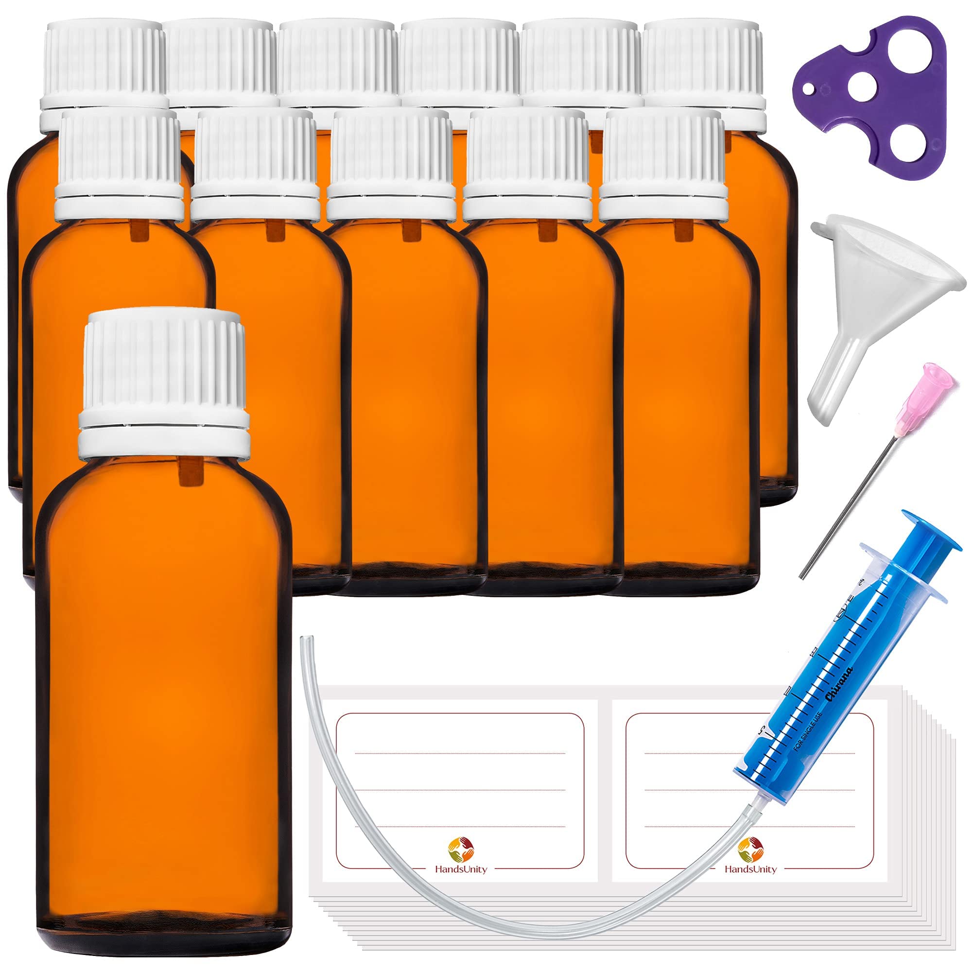 HandsUnity 30ml-12pcs Dropper Insert Bottle - Small Amber Glass Bottle Apothecary Glass with White Dropper Insert Cap made of Brown Glass set including 30 auxiliary Accessories