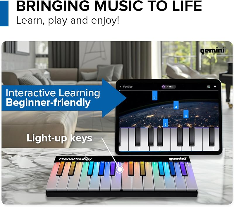 Sound PianoProdigy – Clavier à 24 touches Bluetooth éclairé – Piano portable et extensible pour musiciens débutants – Contrôleur MIDI sans fil pour dispositifs iOS/Android (appli requise)
