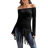 KWSTAIN Tassel Shirts for Women Off The Shoulder Long Sleeve Western Cowgirl Stretchy Fringe Tops Country Concert Outfits