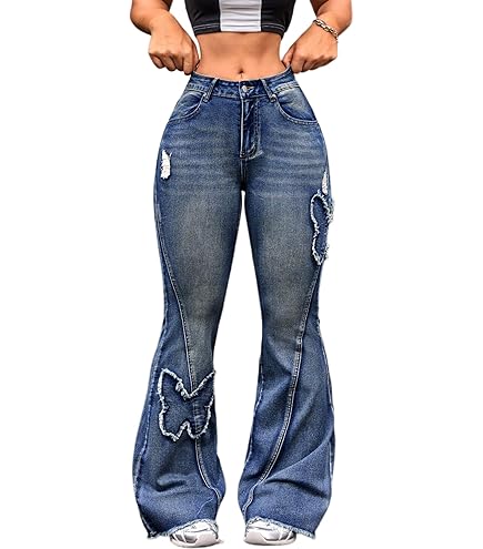 Bell Bottom Jeans for Women, Women's Floral Embroidered High Rise