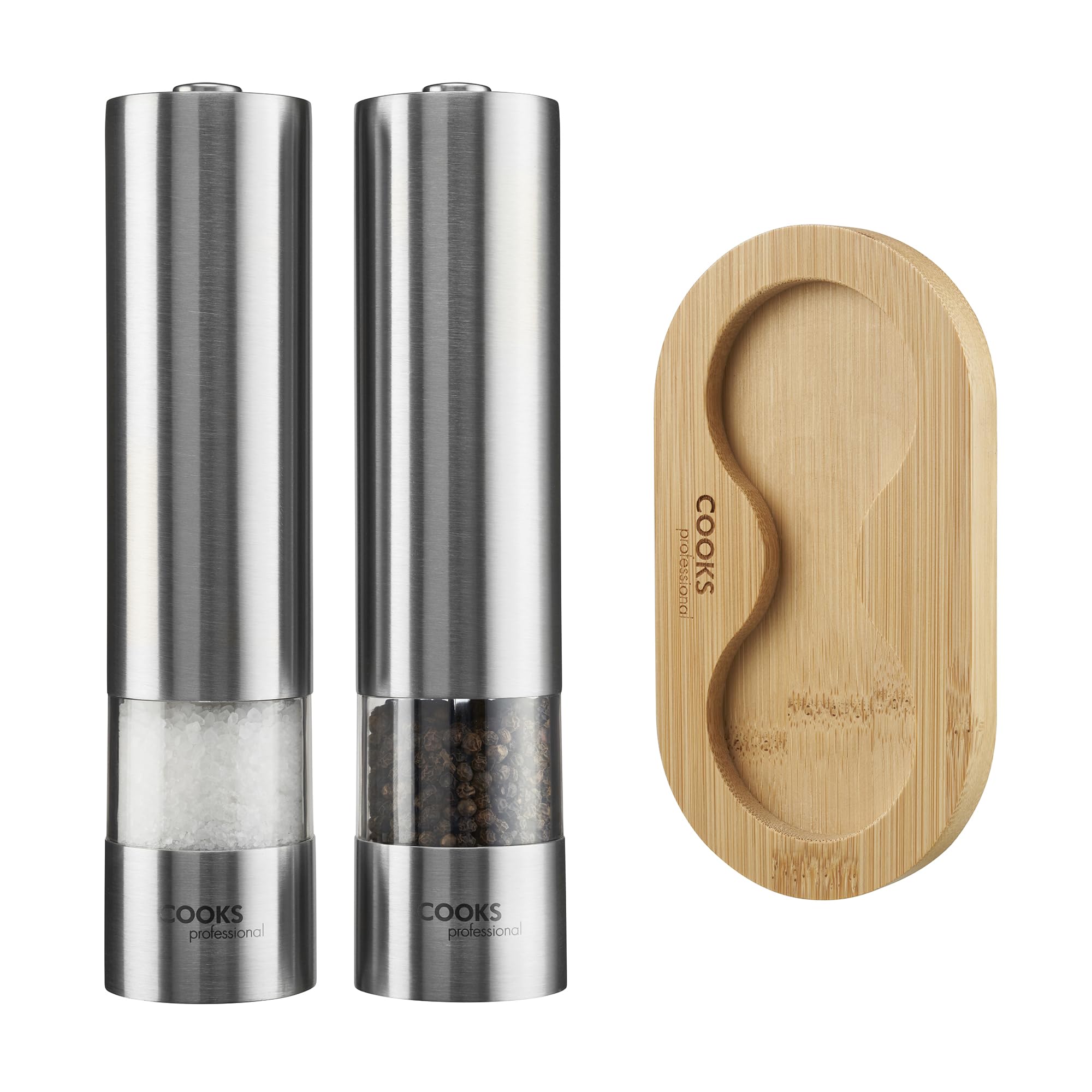 Cooks Professional Electric Salt and Pepper Mill Set with Bamboo Base | Battery Operated Automatic Grinders with Adjustable Grinding & One Touch Operation | Condiment Grinder & Stand | Stainless Steel
