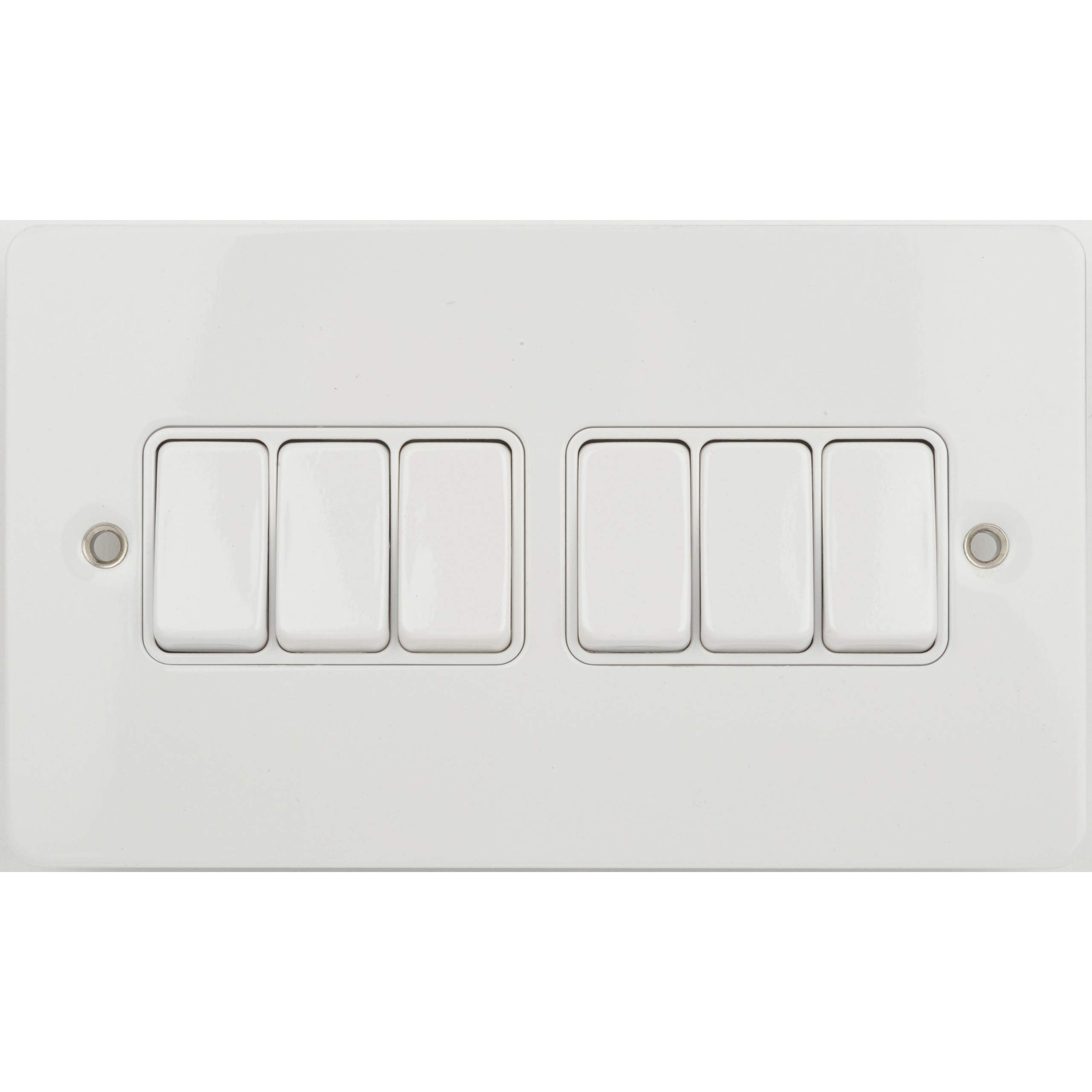 Schneider Electric Ultimate Flat Plate - 6 Gang Rocker 2 Way Light Switch, Single Pole, 16AX, GU1262WPW, Painted White with White Insert — image 1