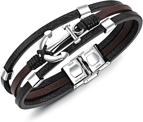 Sixluo Bracciale Da Uomo Alla Moda In Vera Pelle Con Ancora In Acciaio Inox Realizzato A Mano Chiusura In Acciaio Inox Amazon It Gioielli
