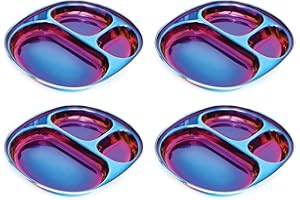 Ahimsa Stainless Steel Plates for Kids | Pediatrician Designed, Balanced Bites Divided Plates for Kids & Toddlers | Lunch Plates | 100% BPA Free & Dishwasher Safe | Pack of 4 (Iridescent Blue)