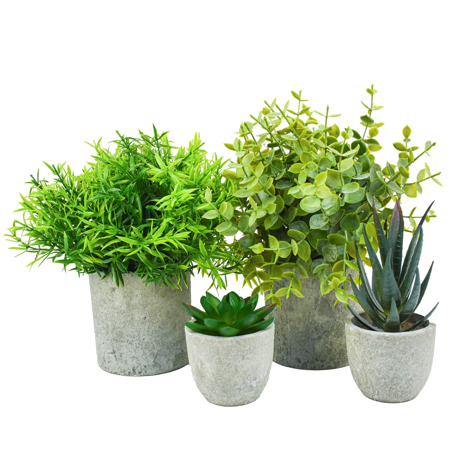 Surplex 4 Set Artificial Plants Indoors in Pots Plastic Fake Plants Potted, Eucalyptus, Rosemary, Small Succulents Plants in Pots Faux Plants for Office Desk Bedroom Kitchen House Decoration