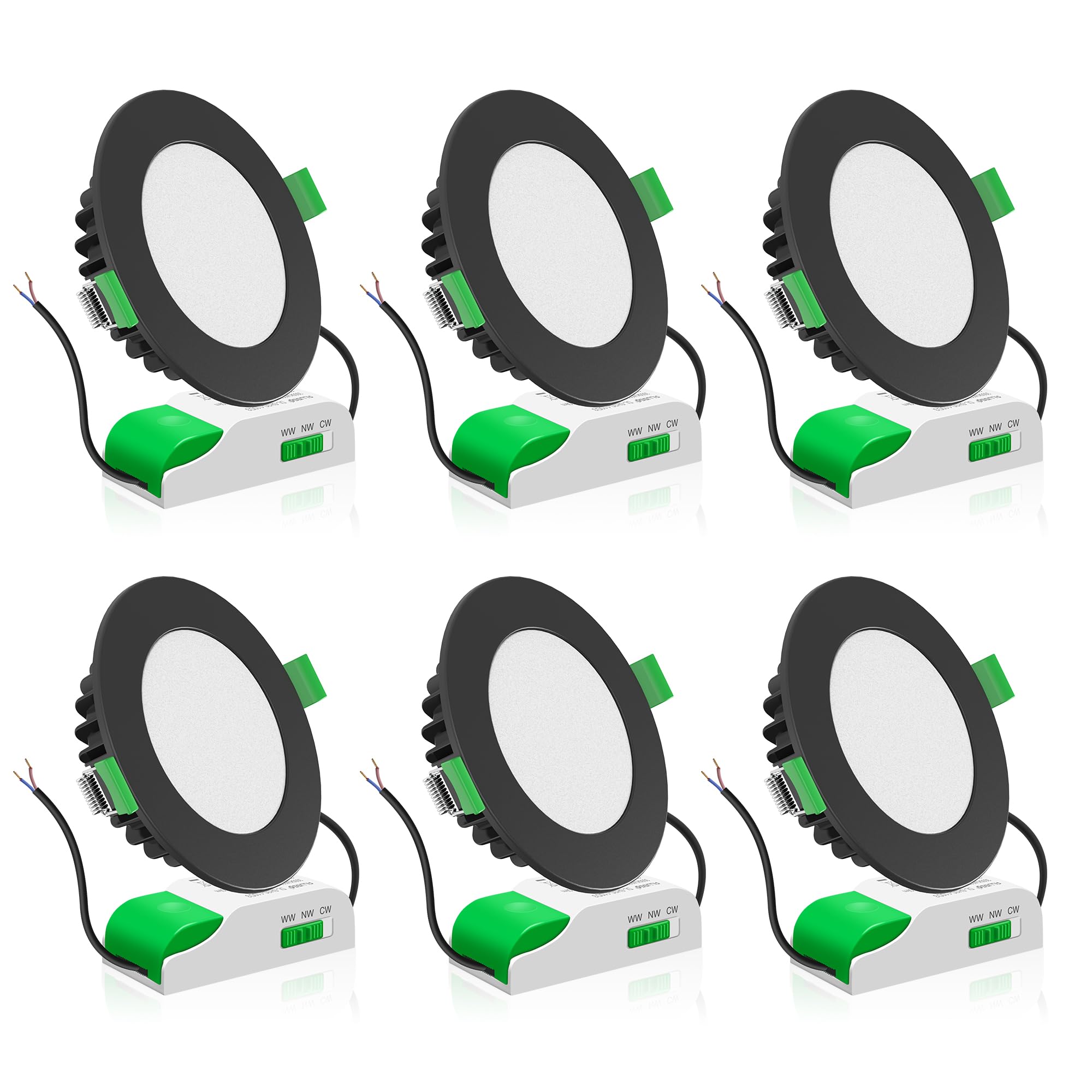 ALUSSO LED Downlights Ceiling Dimmable 10W IP44 Recessed Ceiling Lights Warm White 3000K Neutral White 4000K Cool White 5700K Adjustable Bathroom Kitchen Spotlights, Black, 6 Pack