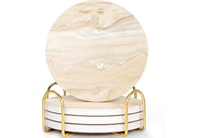 GOH DODD Coasters for Drinks Set of 4, Absorbent Marble Style Ceramic Coaster Cup Coasters Tabletop Protection Home Decor with Metal Holder for Housewarming Gifts Wedding Party, Beige, Round, 4 Inch