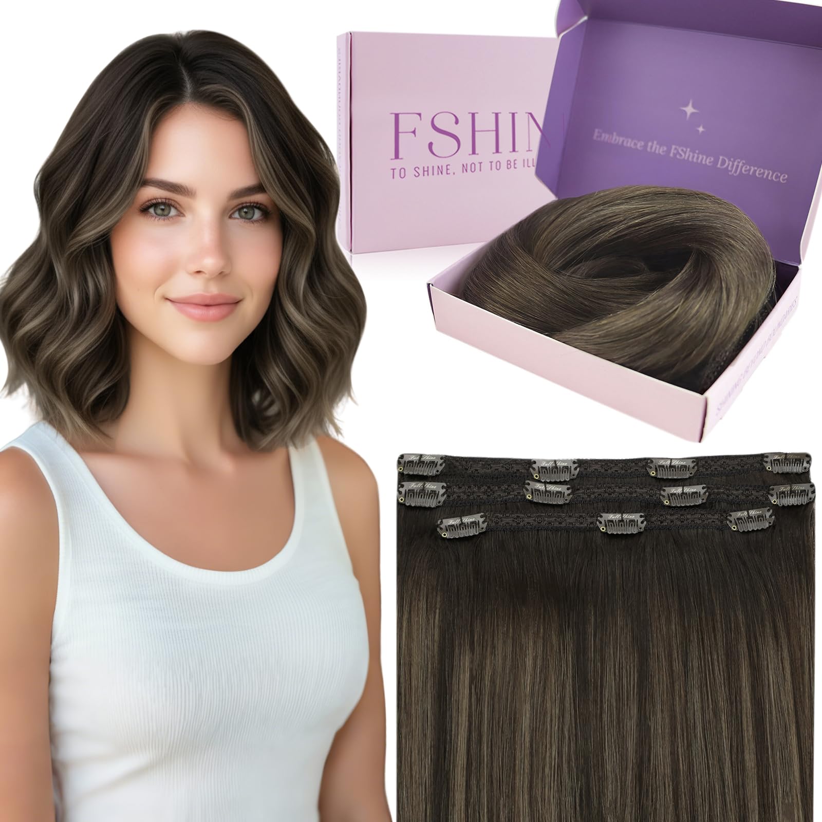 Fshine Clip In Hair Extensions Brown Balayage 12 Inch 3Pcs Real Reamy Hair Extensions 50g โ image 1
