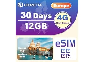 ＵＲＯＺＥＴＴＡ Europe eSIM 30 Days 12GB for 30+ Countries | 12GB High-Speed 4G LTE + Unlimited Downspeed Network | Easy Activation | Hotspot Allowed | High Coverage Multi-Carrier for Unlocked iPhone and Android