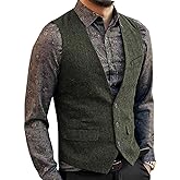 Zeattall Men's Herringbone Tweed Wool Suit Vest Single Breasted Slim Fit Waistcoat Vest