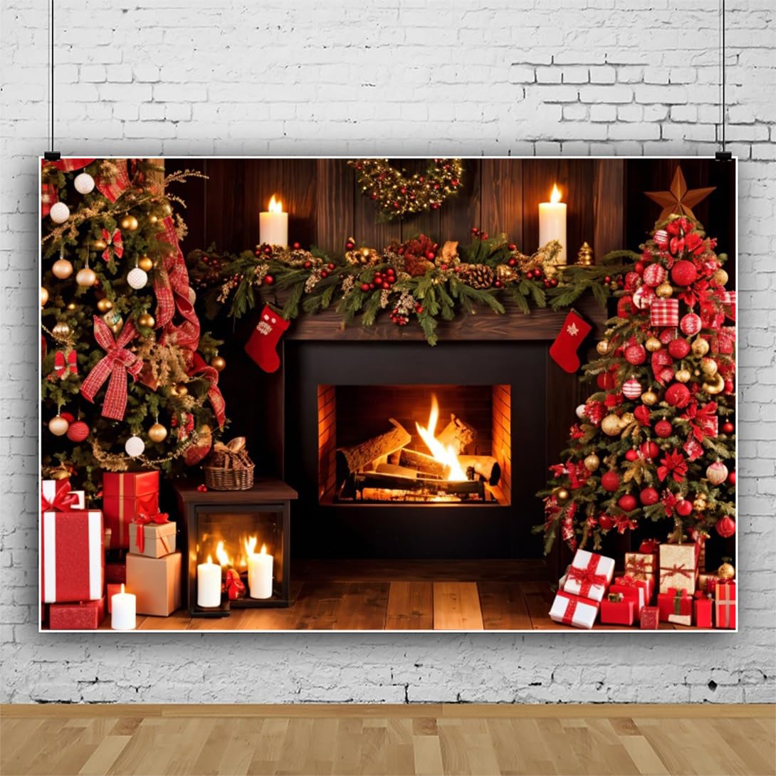 Bovlleetd Christmas Fireplace Backdrop Xmas Tree Gifts Wood Floor Backdrop for Photography Child Christmas Eve Party Decoration Background Family Kids Children Photography Studio Prop 7x5ft