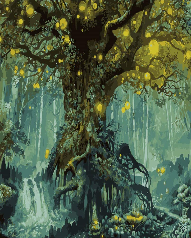 Amiiba DIY Paint by Numbers Kits, Fantasy Forest Psychedelic Magical Tree of Life 16x20 inch Acrylic Painting by Number Wall Art Crafts (Forest, Without Frame)