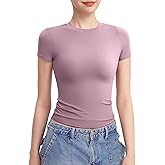 PUMIEY Women's Crew Neck Short Sleeve Tops Double Lined Slim Fit T Shirts Basic Tee Smoke Cloud Pro Collection