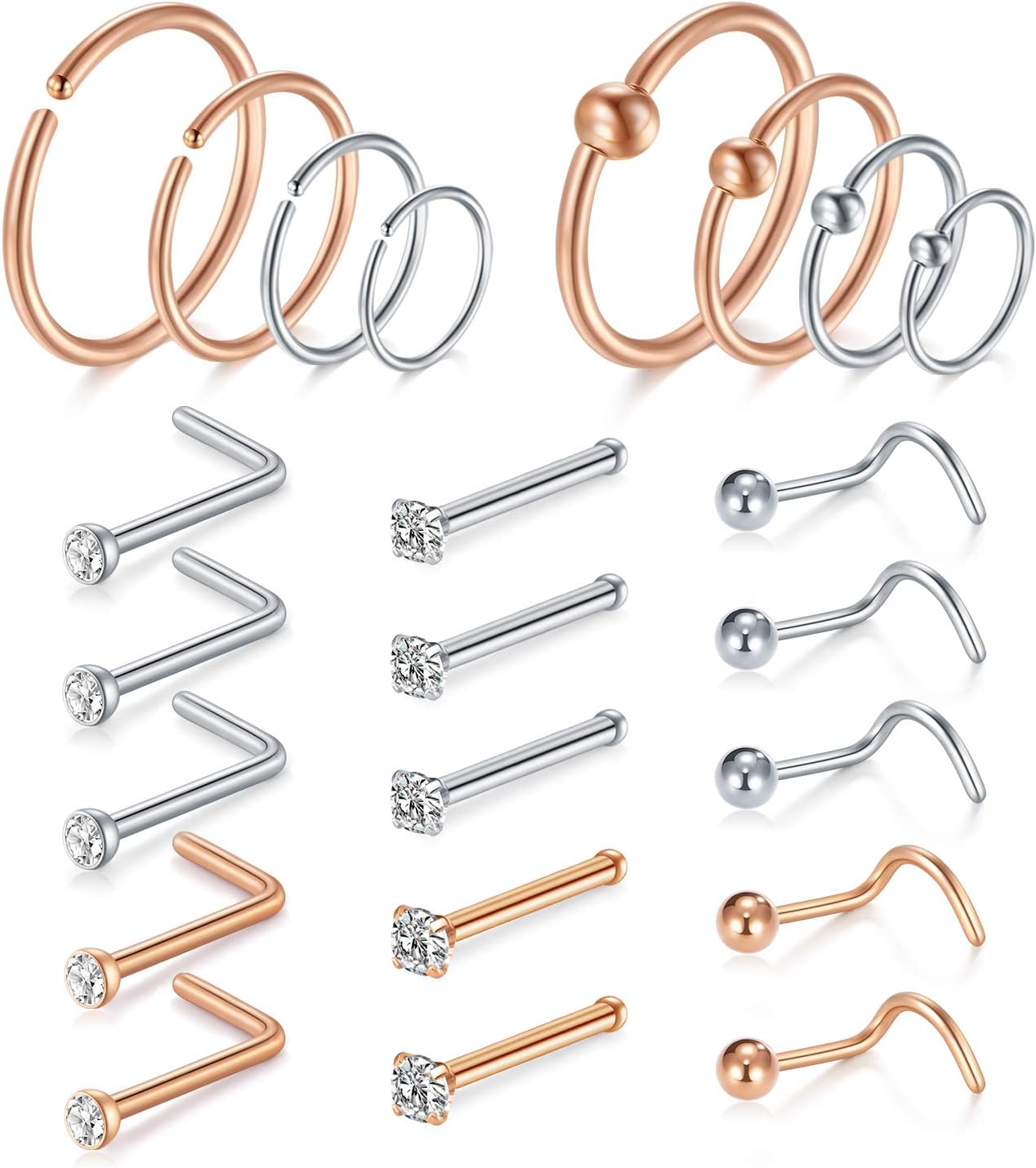 Nose Studs 20G Straight L Shaped Nose Bone Screw Stainless Steel Nose Piercing Set Body Jewellery 15PCS