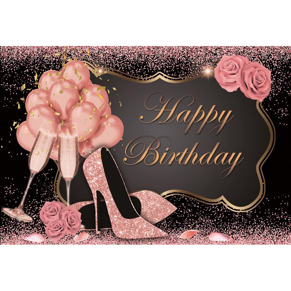Renaiss 8x6ft Pink Birthday Backdrop Glitter Shiny Crystal Shoes Pink Balloon Rose Party Decorations 16th 18th 20th 30th Girl Adult Women Cake Table Banner Vinyl Photo Booth Shooting Background