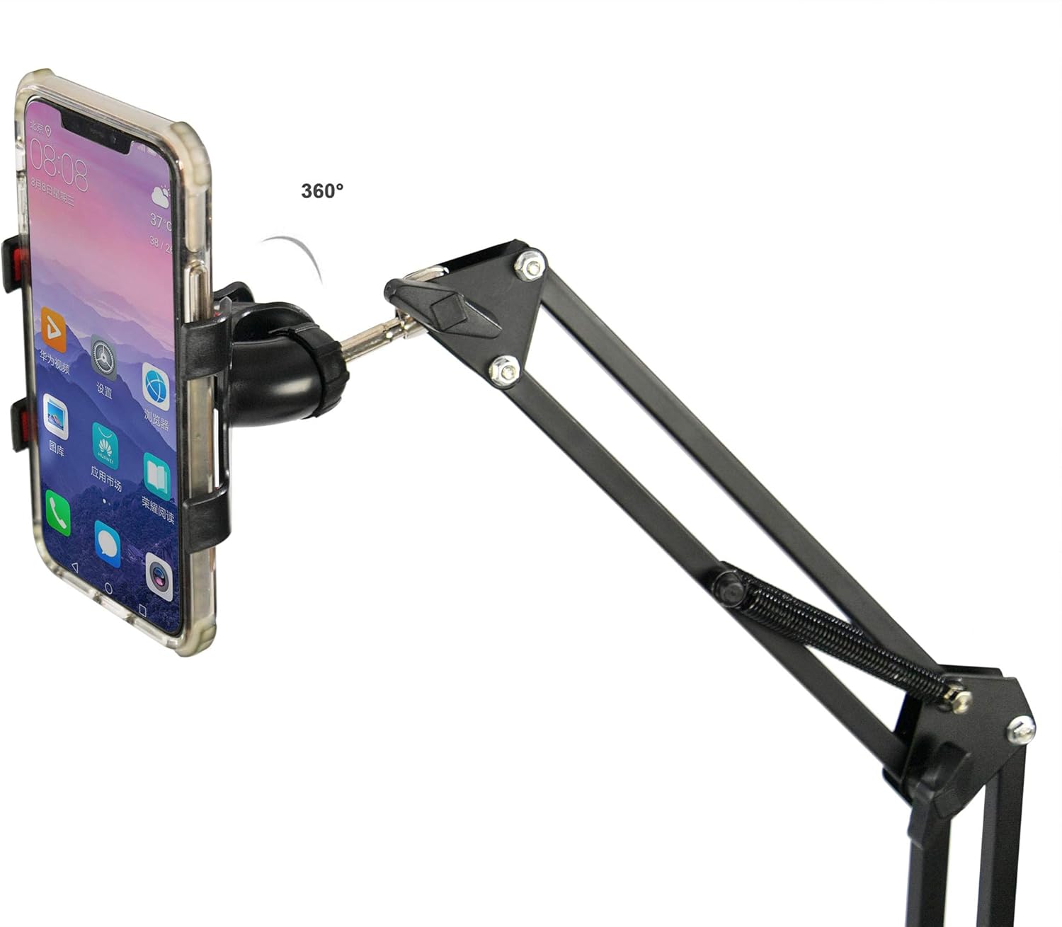 HOME-X Desktop Telescopic Phone Stand, Adjustable Height and Weighted Base, Universal Phone Clip and Flexible 360-Degree Rotation, Black, 6” D adjusts from 10” – 24” H