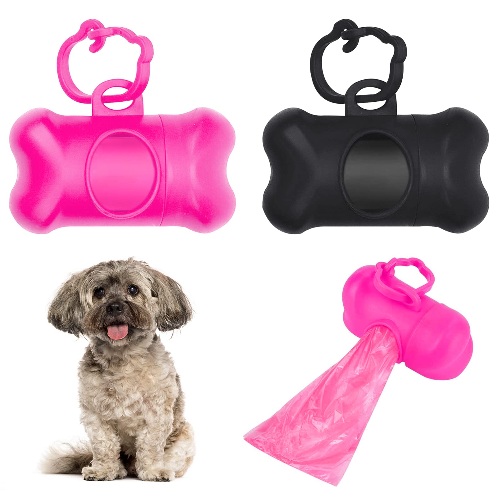 2 Pcs Poop Bags Dispenser with 40 Unscented Pet Waste Bags Dog Waste Bag Dispenser with Clip Lead Dog Poop Bag Dispenser Attachment On The Go (Black and Pink)