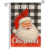 HOMETITUTE Merry Christmas Santa with Cardinal Garden Flag Double Sided 12x18 Inch Burlap Holiday Garden Flag Black Plaid Seasonal Banner for Indoor and Outdoor Decoration Yard Lawn Decor