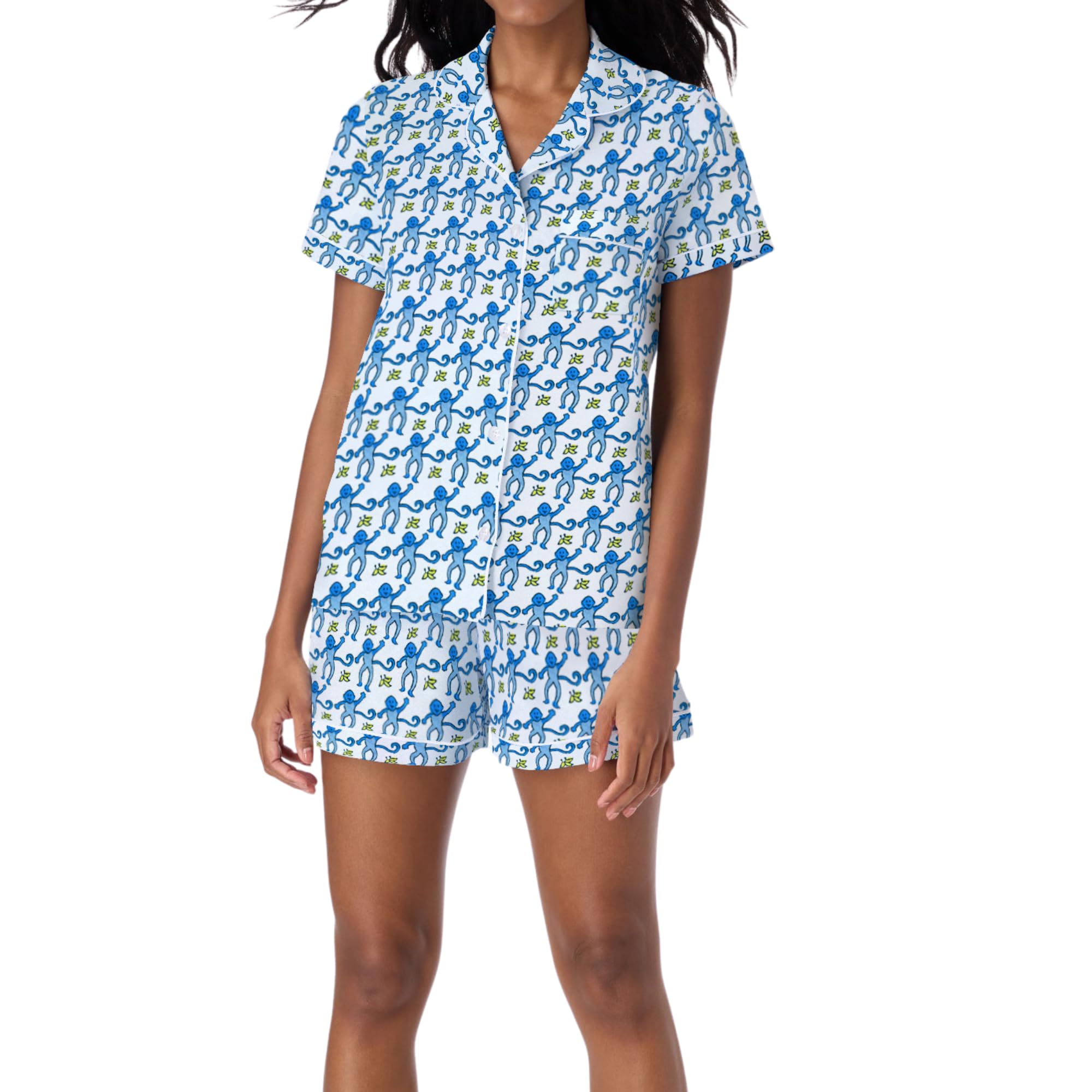 Photo 1 of Ammiko Womens Pajamas Set Y2k Loungewear Pajama Button Down Top and Shorts Monkey Beach Short Sleeve Preppy Sleepwear Blue size medium
