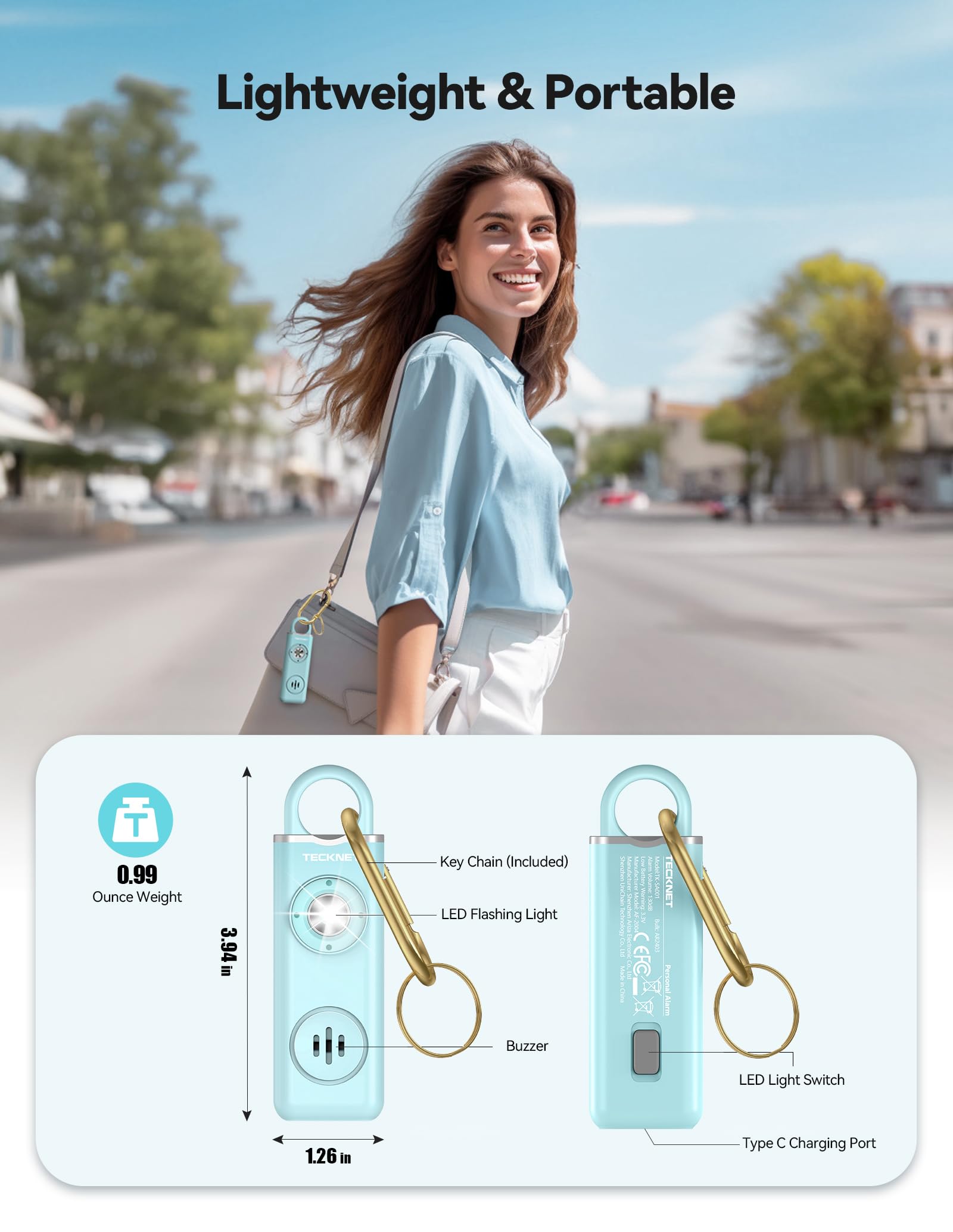 TECKNET Rechargeable Personal Safety Alarm for Women, 130dB Self Defense Keychain Alarm with SOS Strobe Light, Low Battery Notice, Personal Alarm Loud Siren Safety Keychain for Girls Kids Elderly