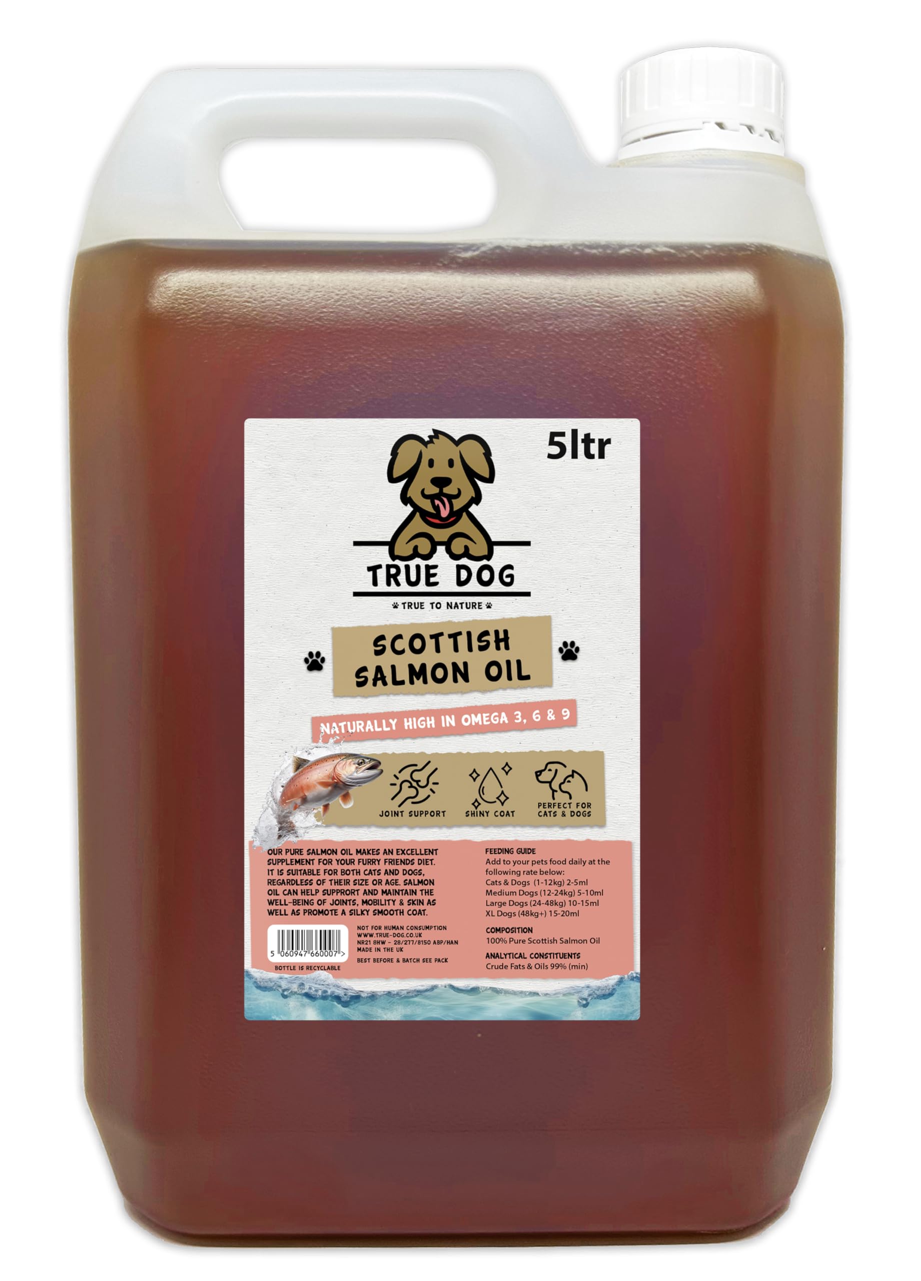 True Dog 100% Pure Scottish Salmon Oil 5ltr | Salmon Oil for Dogs & Cats, Omega 3, 6 & 9, Skin and Coat Health, Joint & Mobility Support