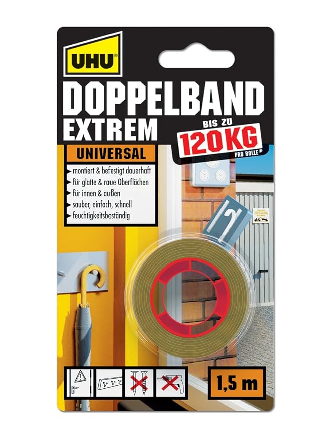 UHU Doppelband Extrem, Extrem hohe Klebekraft von 120 kg/ Rolle, 1,5 m x 19 mm