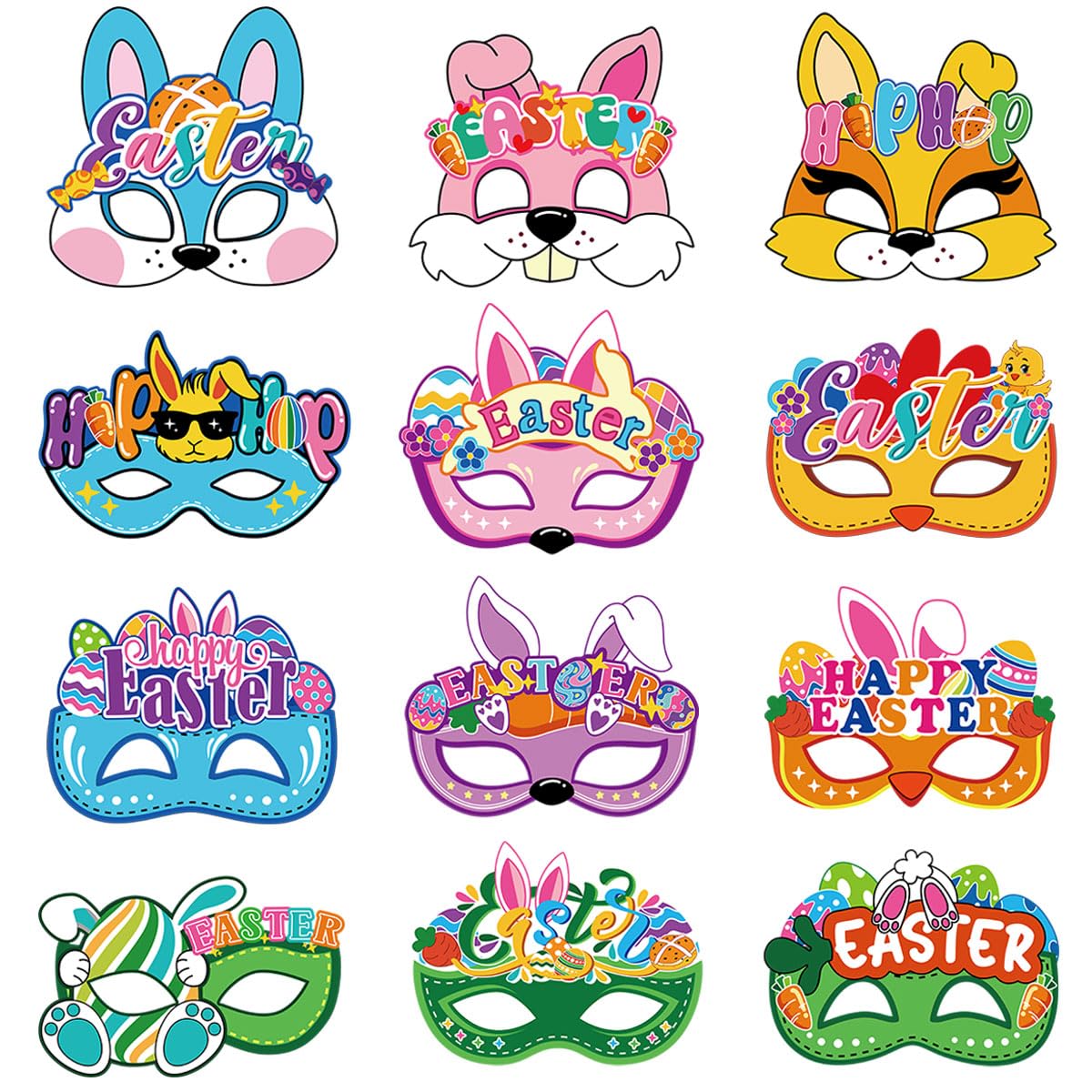 yayafunfun Kids Masks for Party Bag Fillers, 12pcs Easter Paper Mask Dress Up Cosplay Mask, Easter Party Bags Costumes Party Favors Runny Rabbit Masks for Masquerade Birthday Party Supplies