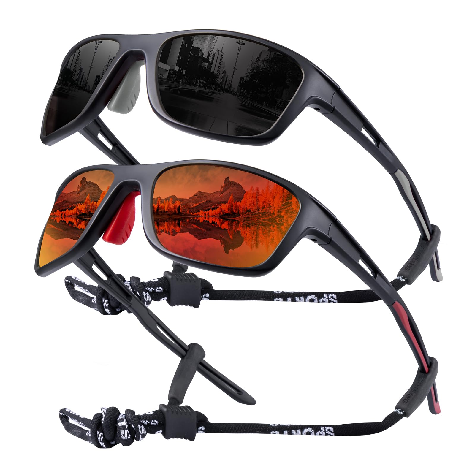 OKH 2 Pack Polarised Cycling Sunglasses Wrap Around Men Women Retro Sun Glasses UV Protection Outdoors Sports Biking Running Fishing Hiking Driving Eyewear with Rope Strap