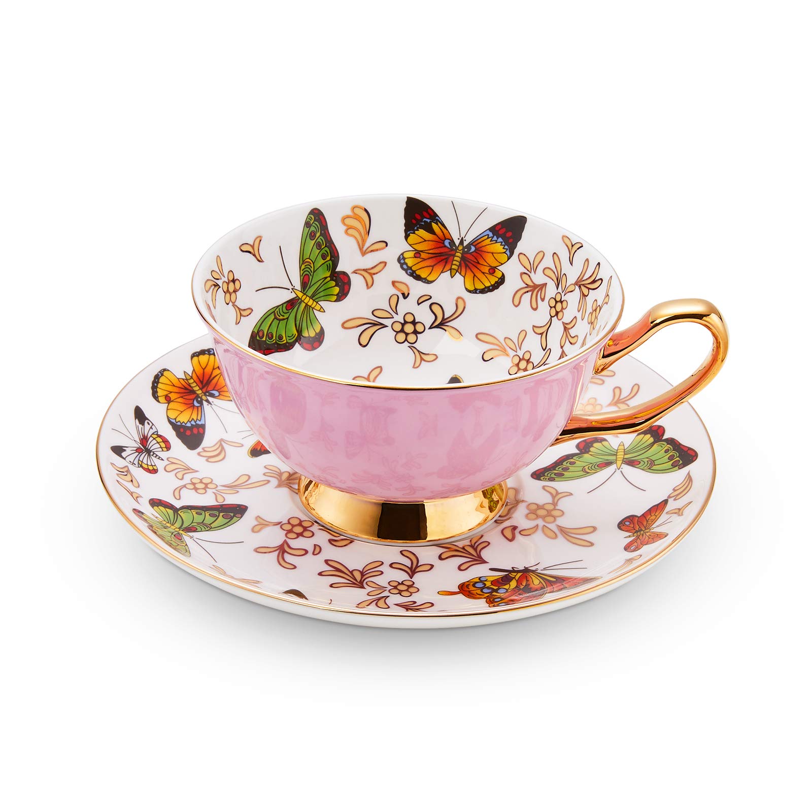 Photo 1 of LURRIER Coffee Cup Mug with Saucer for Latte, Cappuccino Tea with Butterflies 6.8 Oz Fine Bone China, Dishwasher Safe, Reactive Glaze, 1 Pcs (Pink)