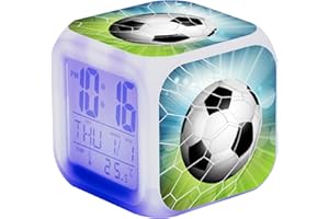 Boys Alarm Clock Football Clock,3.15 Inch Cube Football Kids Digital Clock with Colorful Night Light, Date, Time, Temp Displa