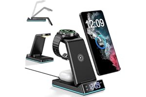 Wireless Charger for Samsung,7 in 1 Wireless Charging Station Foldable Fast Charger Stand with Night Light/Alarm Clock for Sa