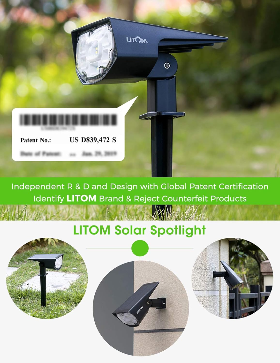LITOM 12 LEDs Solar Landscape Spotlights, IP67 Waterproof Solar Powered Wall Lights 2-in-1 Wireless Outdoor Solar Landscaping Lights for Yard Garden Driveway Porch Walkway Pool Patio 2 Pack Cold White - - 
