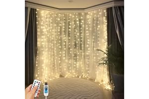 HOLITS 300 LED Fairy Curtain Lights, 9.8 x 9.8FT Warm White USB Plug in 8 Modes String Hanging Lights with Remote for Christmas, Bedroom, Indoor, Outdoor, Weddings, Party (Warm White)