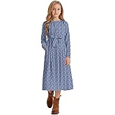 LaBeca Girls Casual Elastic Crew Neck Floral Printed Solid Color A-line Swing High Waist Midi Belted Dress with Pocket