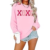 BINLANHANAT Valentine Sweatshirt Women Glitter XOXO Chenille Patch Pullover Top Novelty Valentine's Day Long Sleeve Gift Top