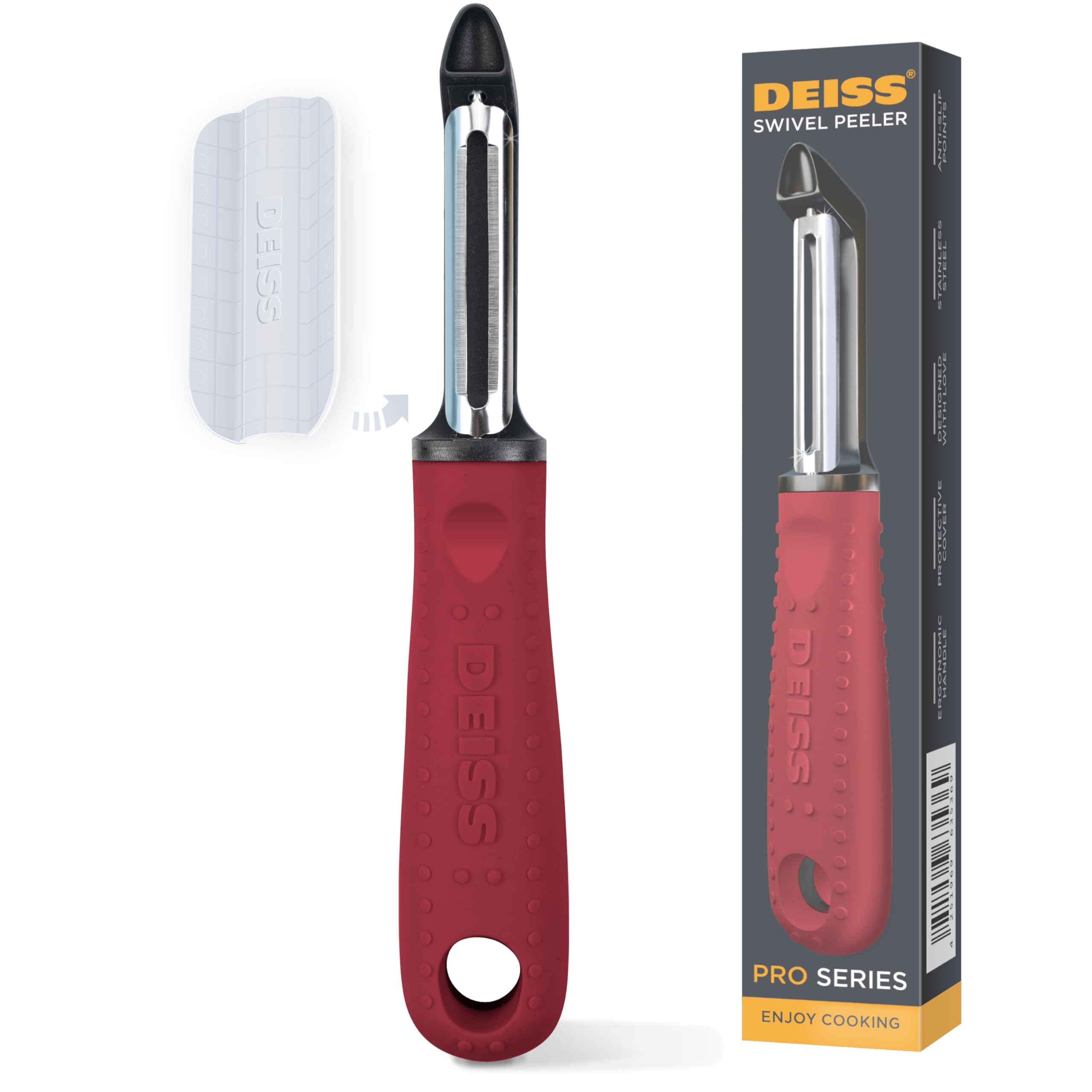 Deiss PRO Swivel Vegetable Peeler - Sharp Stainless Steel Peeler with Easy Non-Slip Hand Grip, Potato Peelers for Kitchen, Fruit, Carrot, Apple, Veggie, Kiwi, Durable, and Dishwasher Safe (RED)