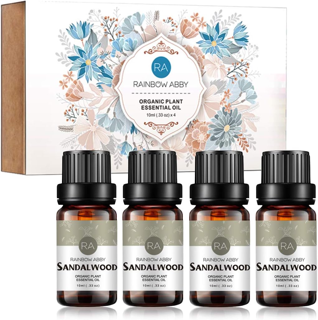 4 Bottles Sandalwood Essential Oil 100% Pure Aromatherapy Oil for Diffuser, Perfumes, Massage, Skin Care, Soaps, Candles - 4 x 10ml