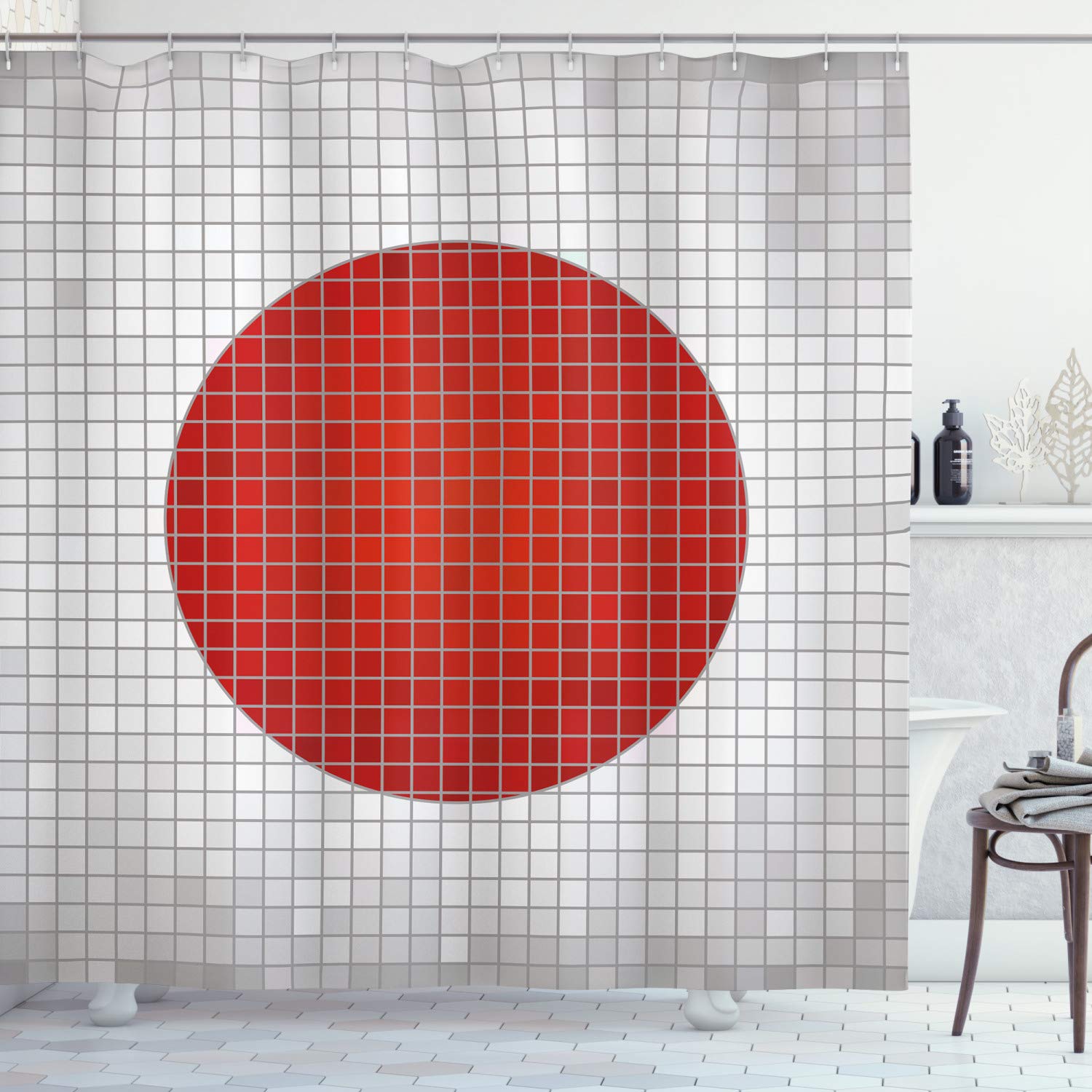ABAKUHAUS Abstract Shower Curtain, Mosaic National Flag of Japan Grunge Fractal Background Modern Graphic Print, Cloth Fabric Bathroom Decor Set with Hooks, 78 Inches, Pale Grey Orange — image 1