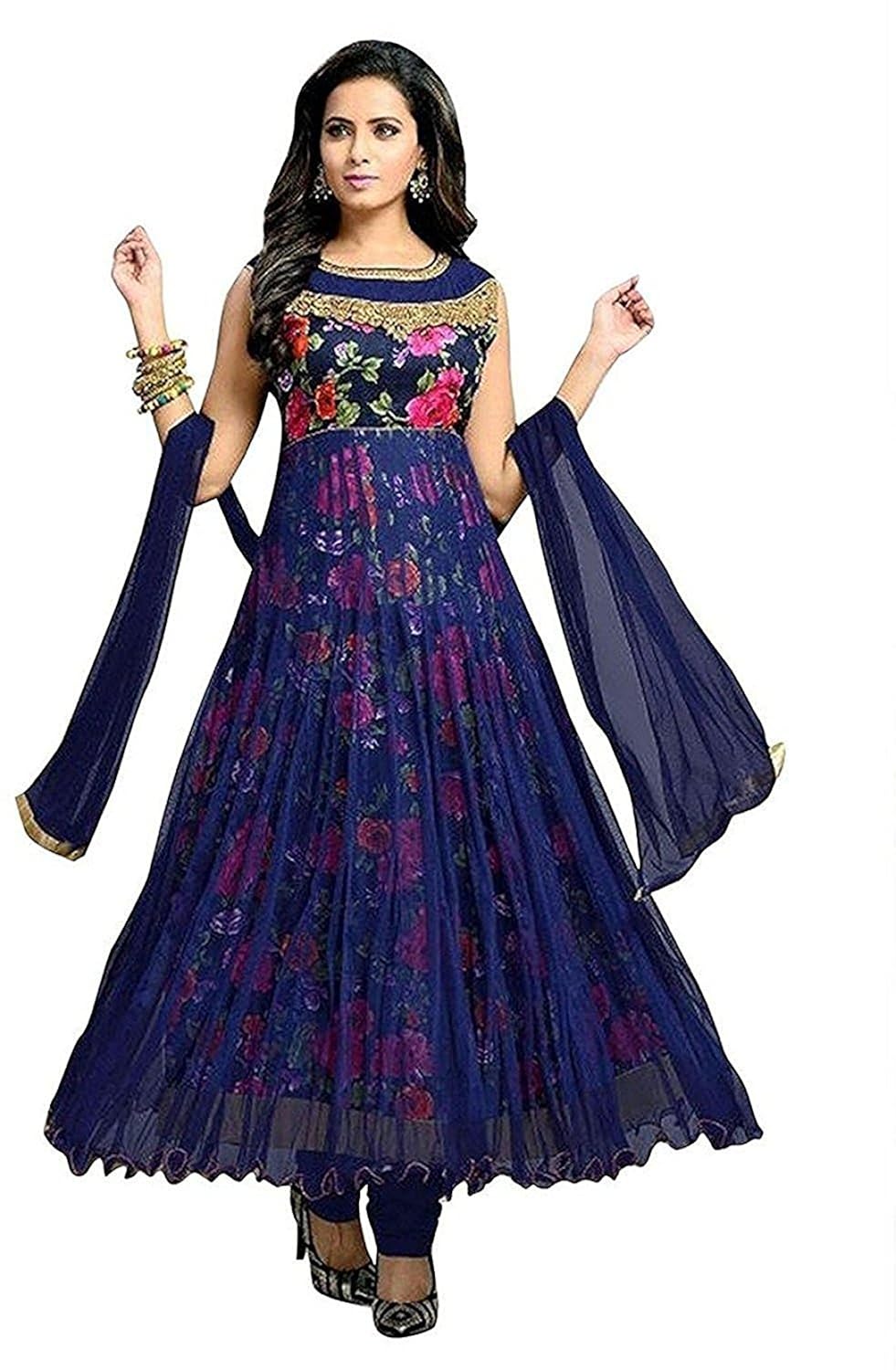 salwar style women's georgette printed anarkali gown (blue color_free size)