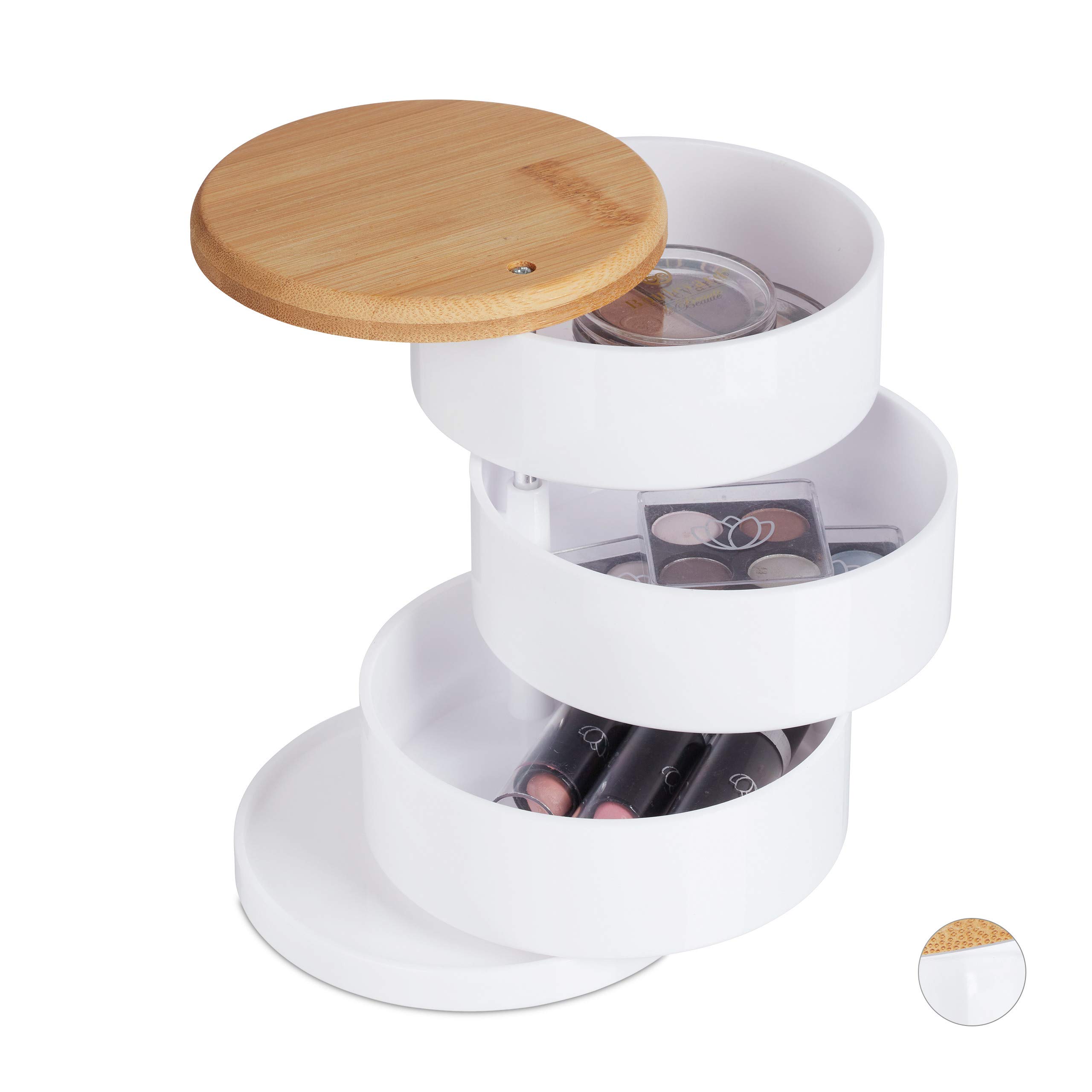 Relaxdays Make Up Organiser, 3 Rotating Levels, for Cosmetics & Jewellery, Make-up Storage Box, Bamboo, Plastic, White — image 1