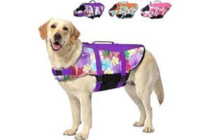 FRAGRALLEY Dog Life Jacket Large, High Flotation Dog Life Vest for Swimming Boating, Hawaiian Reflective Puppy Swim Vest, Adjustable Safety Dogs Floating Vests with Superior Buoyancy and Rescue Handle