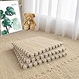 Jaderlu 16pcs 0.6" Thickened Interlocking Tile Mats,Fluffy Shaggy Soft EVA Foam Area Rug for Living Room & Bedroom,Non-Slip Protective Floor Carpet Play Mat Kids Baby Dorm Home Decor (11.8ft, Khaki)
