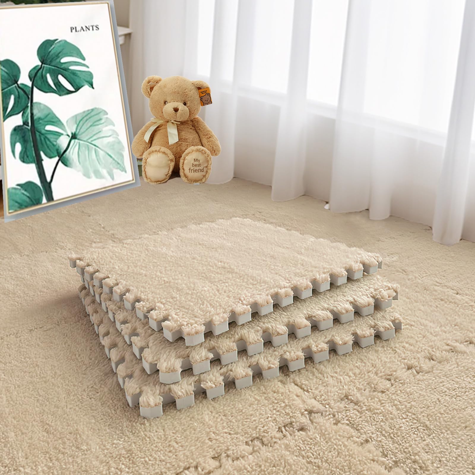 Photo 1 of Jaderlu 16pcs 0.6" Thickened Interlocking Tile Mats,Fluffy Shaggy Soft EVA Foam Area Rug for Living Room & Bedroom,Non-Slip Protective Floor Carpet Play Mat Kids Baby Dorm Home Decor (11.8ft, Khaki)