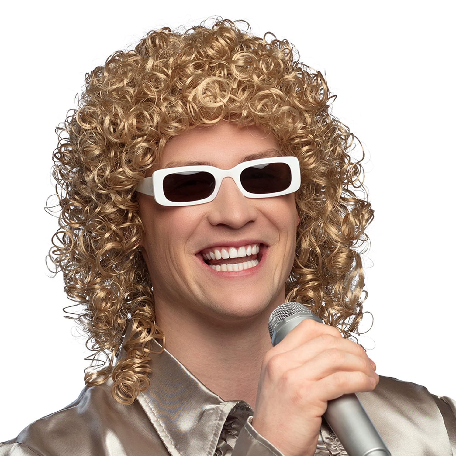 Boland 86404 Adult Wig with Glasses, Curly Synthetic Hairdress, Party Glasses, Rock Star, Fancy Dress, Carnival, Theme Party