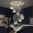 Siljoy Modern Foyer Chandeliers for High Ceiling, Large Staircase Chandelier with Spiral Sphere Design, Raindrop Crystal Chandelier Flush Mount Ceiling Light for Entryway Living Room W31.5 X H110