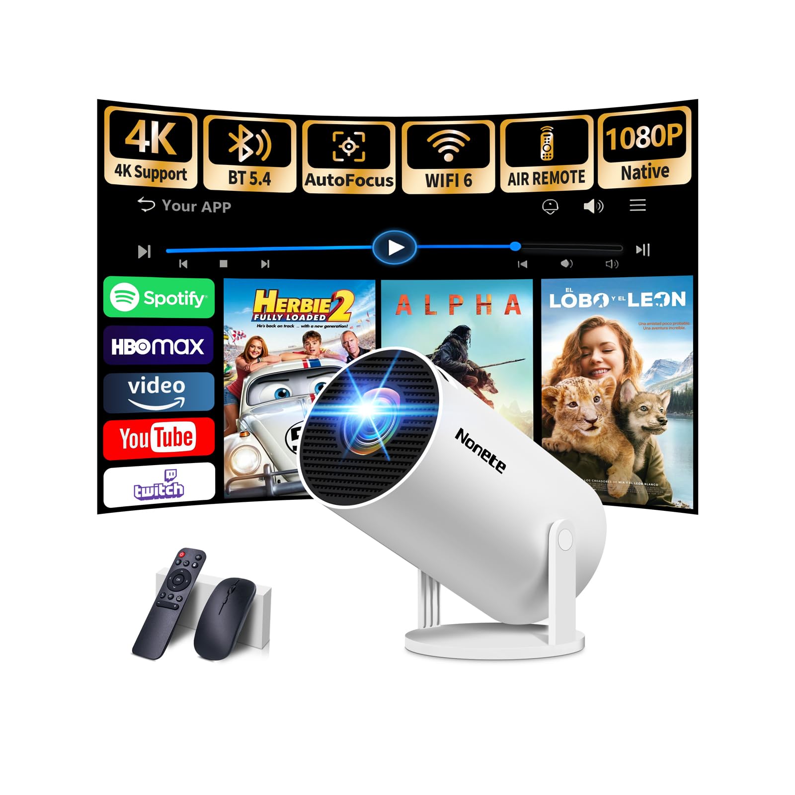 Photo 1 of [2026 Upgraded] Mini Projector Support 4K 1080P FHD Auto Keystone 270° Rotatable with WiFi 6 and Bluetooth 5.2 Projector Portable Compatibile with HDMI/TV Stick/Memory Stick/Laptop,White