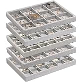 DIOMMELL Set of 5 Stackable Velvet Jewelry Trays Organizer Jewelry Display Showcase Dresser Drawer Organizer Storage Box for Ring Earring Bracelet Necklace Accessary, Grey