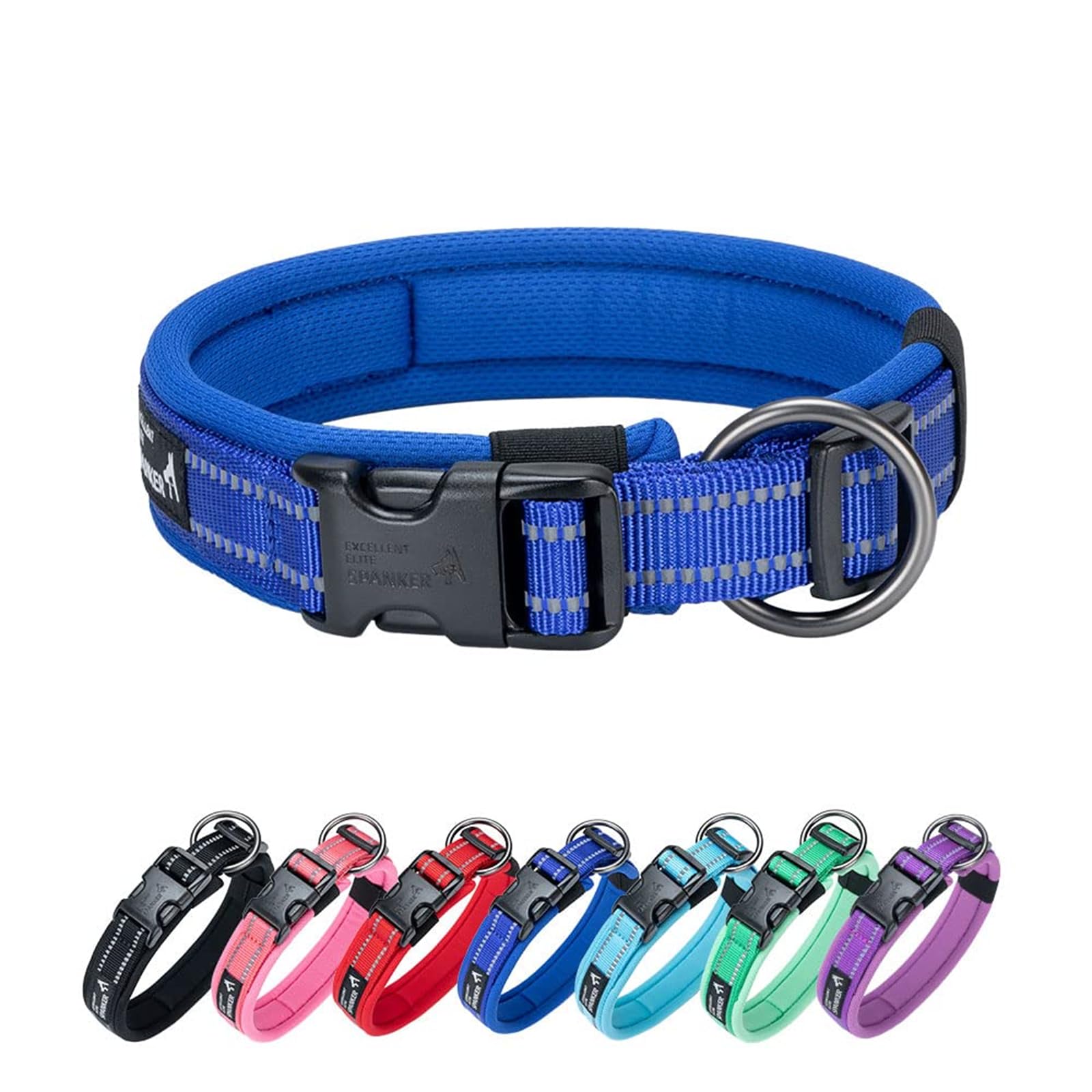 EXCELLENT ELITE SPANKER Reflective Dog Collar Classic Soft Padded Breathable Nylon Adjustable Pet Collar with Quick Release Buckle for Boy Girl Male Female Small Medium Large Dogs Training(BLU-M)
