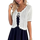 Kate Kasin Women Crochet Shrug Sweater Tie Front Knit Bolero Shrug for Dress Short Sleeve Cropped Cardigan